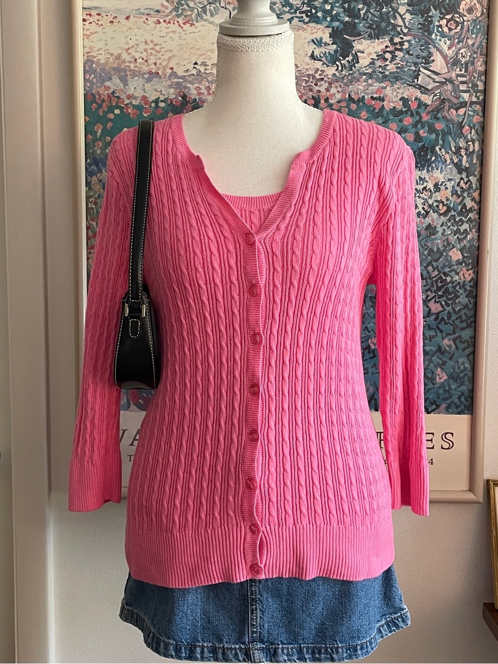 Jeanne Pierre Cable Knit Cardigan Tank Set Womens Small Pink Cotton Old Money